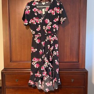 J Crew Hi-lo Floral Black Dress faux wrap neck and elastic waist